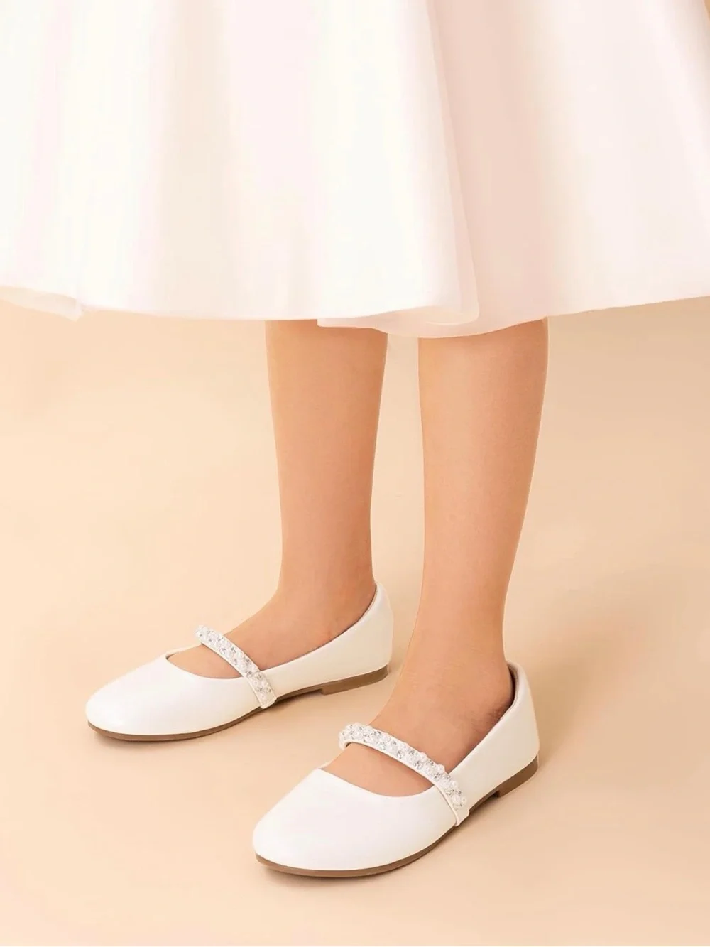 Girls White Mary Jane Flats with Crystal Strap